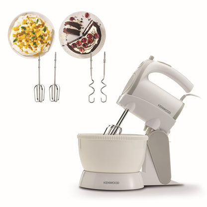 Kenwood Stand Mixer Hand (Electric Whisk) 300W With 2.4L Rotary Bowl, 5 Speeds + Turbo Button, Twin Stainless Steel Kneader And Beater For Mixing, Whipping, Whisking, Kneading HMP22.000Wh White