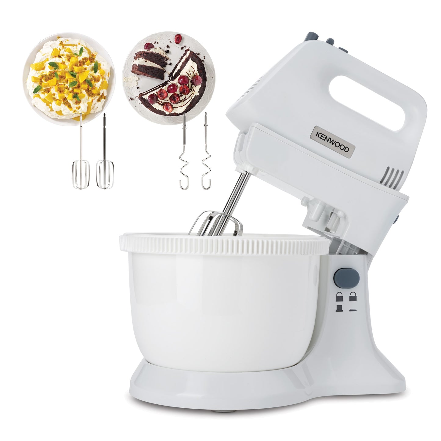 KENWOOD Stand Mixer Hand Mixer (Electric Whisk) 450W with 3.4L Rotary Bowl, 5 Speeds + Turbo Button, Twin Stainless Steel Kneader and Beater for Mixing, Whipping, Whisking, Kneading HMP32.A0WH White