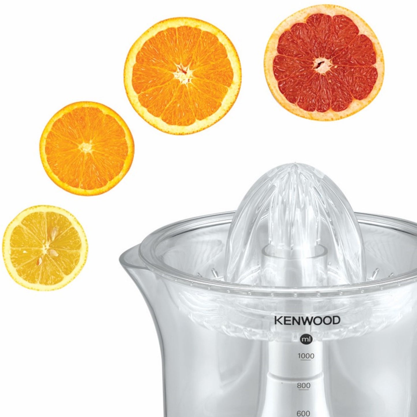 KENWOOD Citrus Juicer 40W Juice Extractor with 1L Transparent Juice Jug, Dust Cover, 2 Way Rotation, Cord Storage for Home, Office, Restaurant & Cafeteria JE280A White/Clear