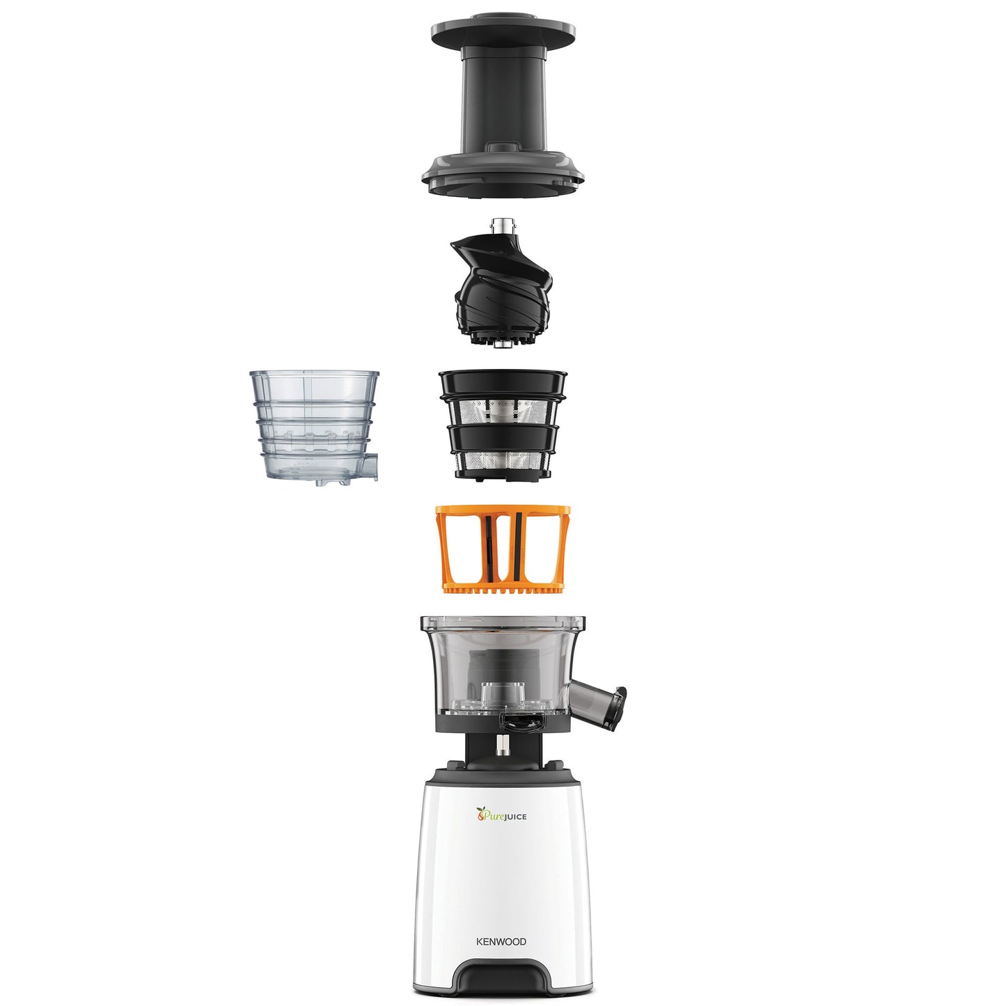 KENWOOD Slow Juicer Cold Press Juicer 150W Juice Extractor with Wide Feed Tube, Juice Jug, Pulp Container, Anti Drip, Extra Sieve, Cleaning Brush, Sorbet, Rinse Clean Function JMP601WH White/Grey