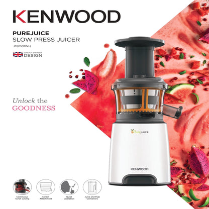 KENWOOD Slow Juicer Cold Press Juicer 150W Juice Extractor with Wide Feed Tube, Juice Jug, Pulp Container, Anti Drip, Extra Sieve, Cleaning Brush, Sorbet, Rinse Clean Function JMP601WH White/Grey