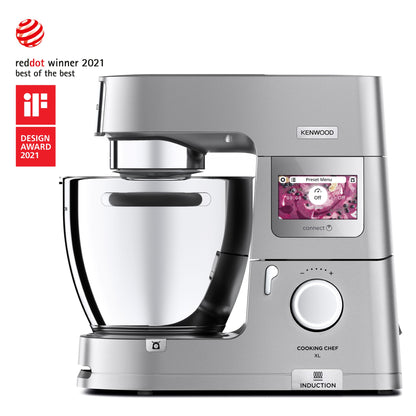 KENWOOD Stand Mixer Metal Body Kitchen Machine COOKING CHEF XL with Induction/Cooking Function, Built-in Weighing Scale, SS Bowl & Food Steamer,5 Tools,Glass Blender,Food Processor KCL95.424SI Silver