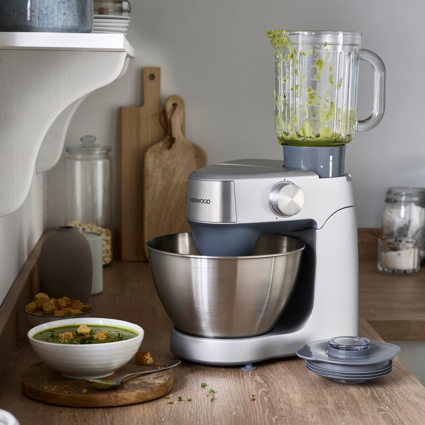 KENWOOD Stand Mixer Kitchen Machine PROSPERO+ 1000W with 4.3L Stainless Steel Bowl, K-Beater, Whisk, Dough Hook, Blender KHC29.B0WH Silver