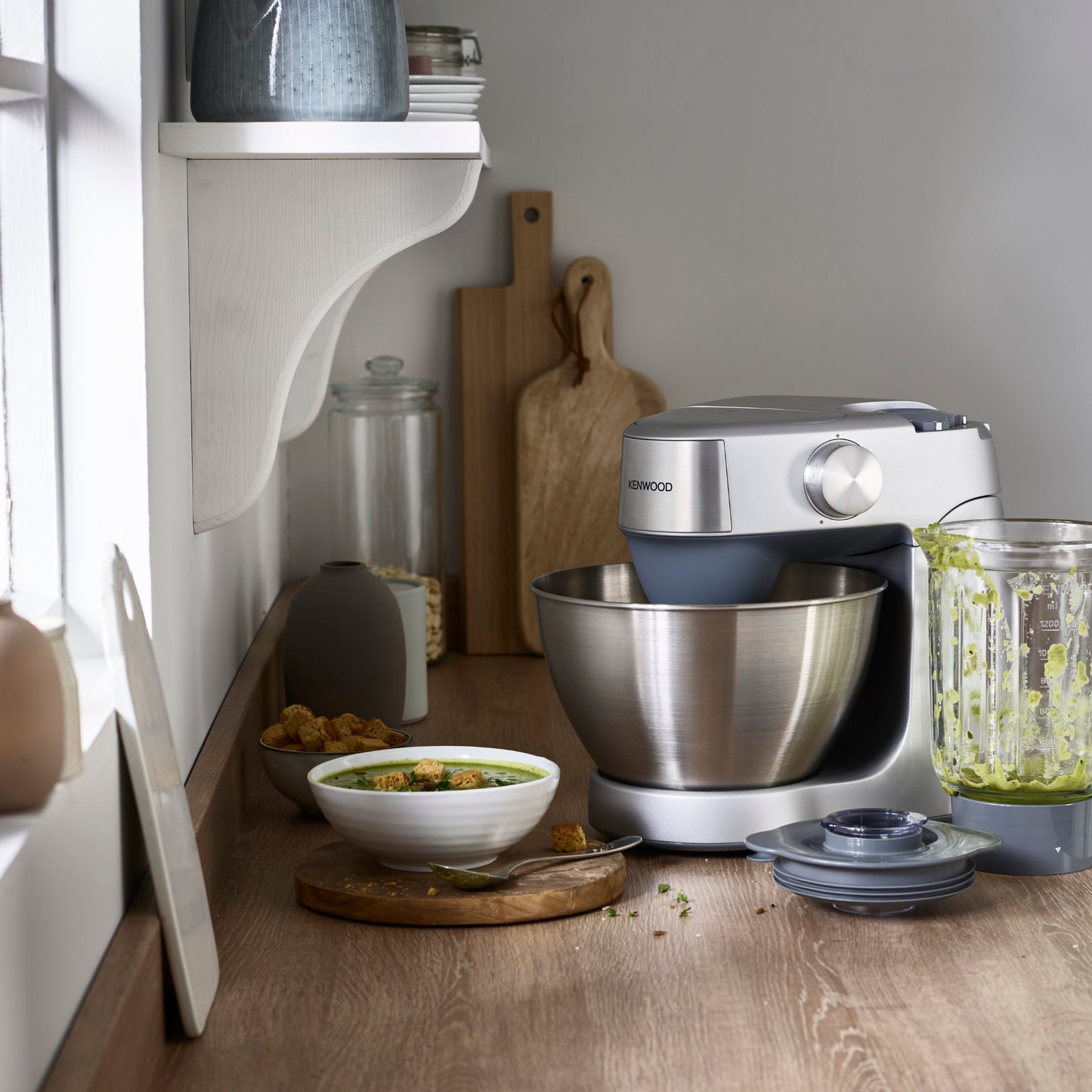 KENWOOD Stand Mixer Kitchen Machine PROSPERO+ 1000W with 4.3L Stainless Steel Bowl,K-Beater,Whisk,Dough Hook,Blender,Meat Grinder,Roto Food Cutter, Multi Mill KHC29.Q0SI Silver