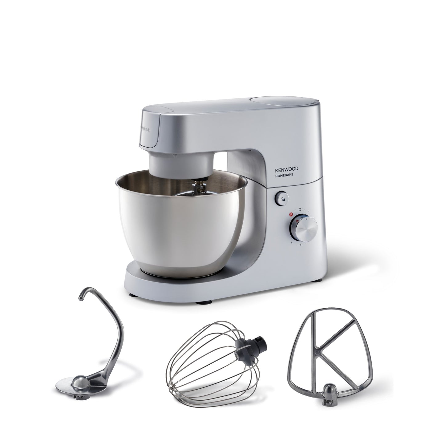 KENWOOD Stand Mixer Kitchen Machine HOMEBAKE 1000W with 5.0L Stainless Steel Bowl, K-Beater, Whisk, Dough Hook, KHH01.000SI Silver