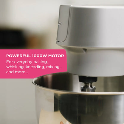 KENWOOD Stand Mixer Kitchen Machine HOMEBAKE 1000W with 5.0L Stainless Steel Bowl, K-Beater, Whisk, Dough Hook, KHH01.000SI Silver