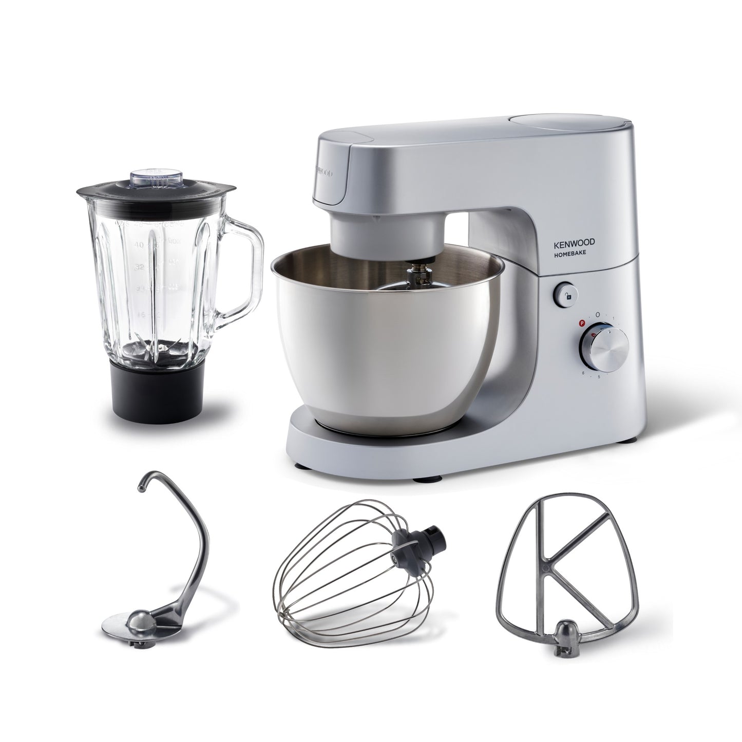 KENWOOD Stand Mixer HOMEBAKE Kitchen Machine 1400W with Blender, 5L Stainless Steel Bowl, K-Beater, Whisk, Dough Hook, Splash Guard KHH01.120SI Silver