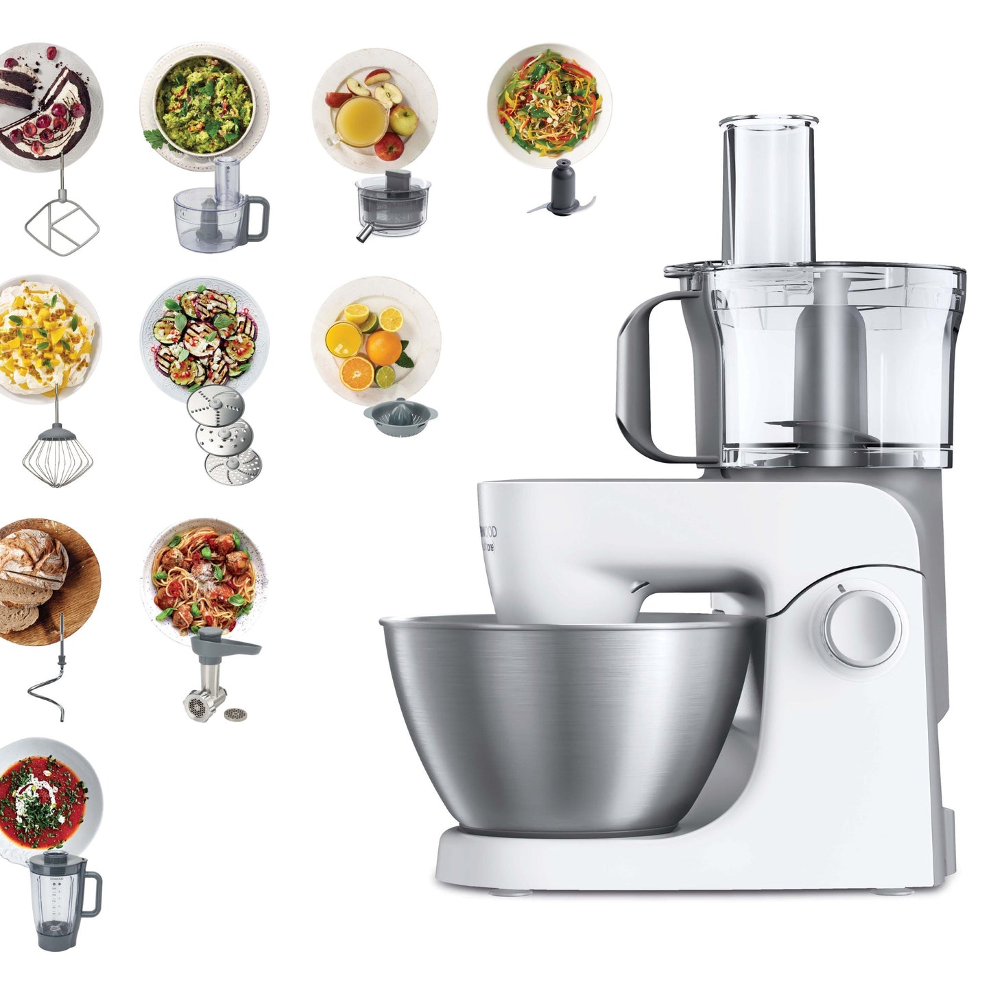 KENWOOD Stand Mixer Kitchen Machine MULTIONE 1000W with 4.3L Stainless Steel Bowl, K-Beater, Whisk, Dough Hook, Glass Blender, Food Processor, Meat Grinder, Juicer, Citrus Juicer KHH326WH White