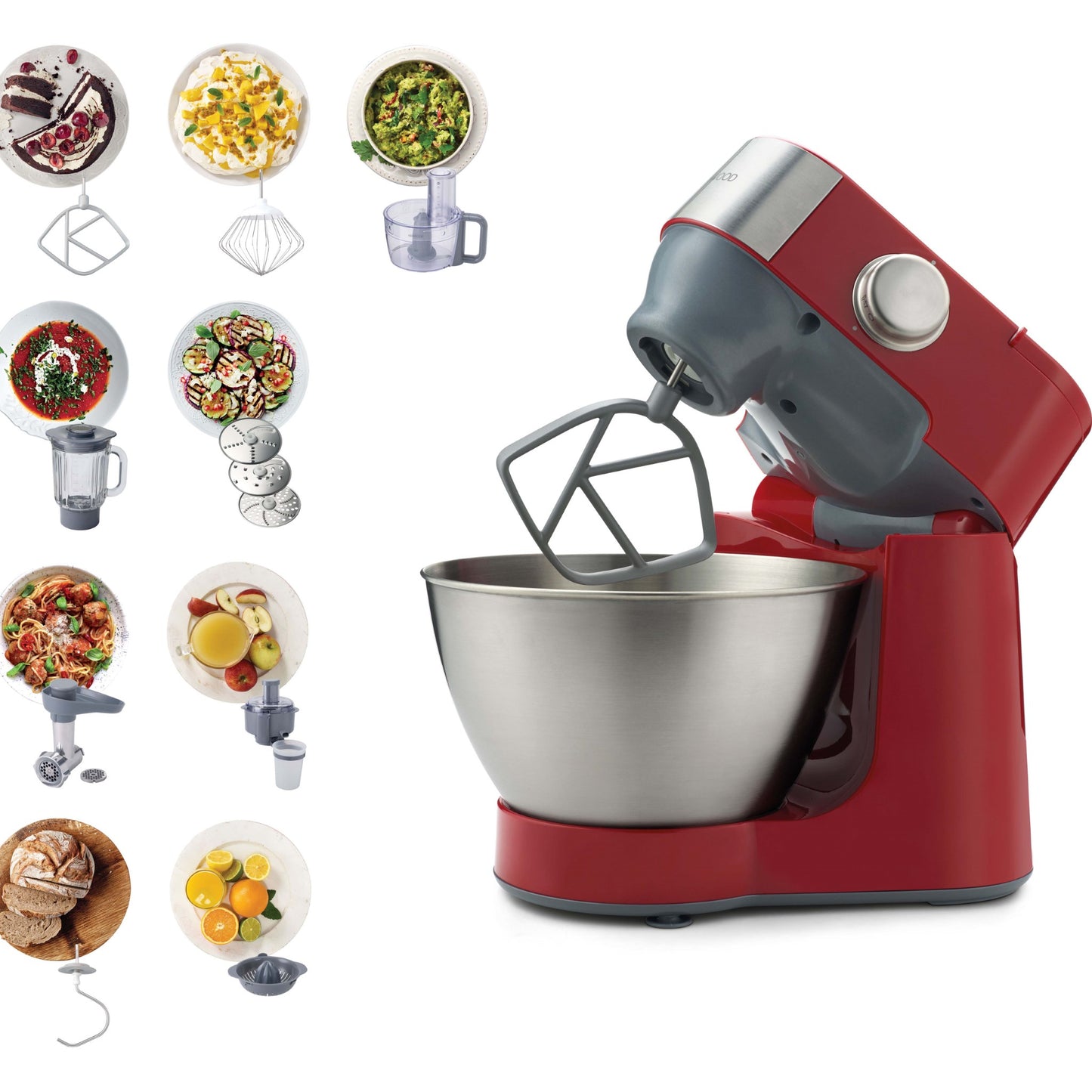KENWOOD Stand Mixer Kitchen Machine PROSPERO 900W with 4.3L Stainless Steel Bowl, K-Beater, Whisk, Dough Hook, Glass Blender, Meat Grinder, Food Processor, Juicer, Citrus Juicer KM241002 Red