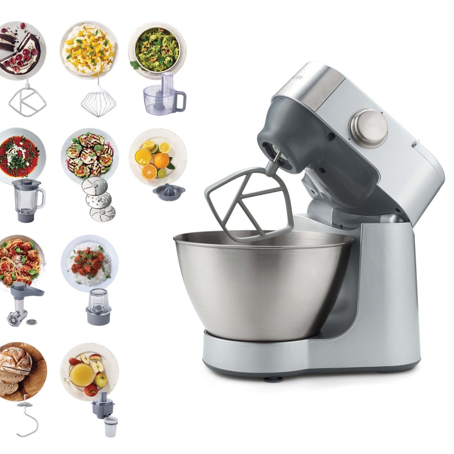 KENWOOD Stand Mixer Kitchen Machine PROSPERO 900W with 4.3L Stainless Steel Bowl, K-Beater, Whisk, Dough Hook, Glass Blender, Meat Grinder, Food Processor,Juicer,Citrus Juicer, Multi Mill KM287 Silver