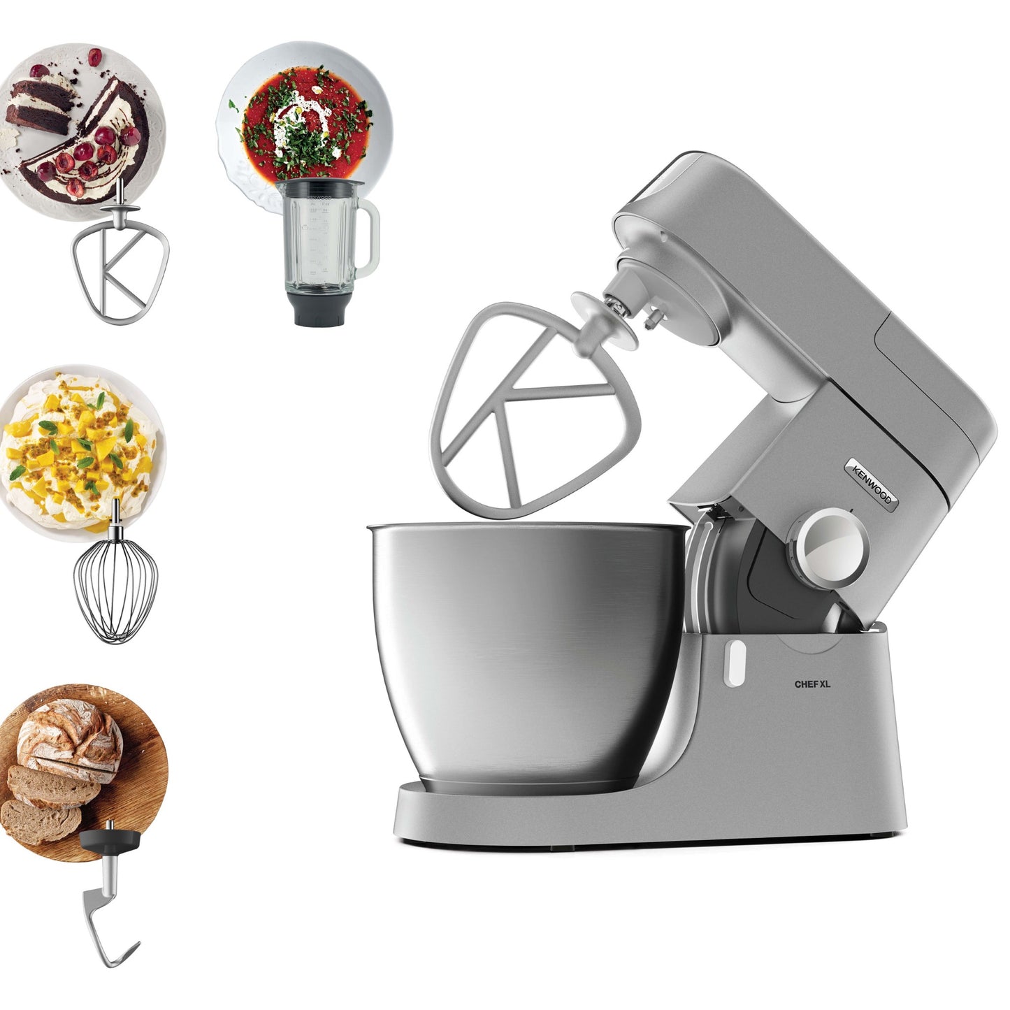 KENWOOD Stand Mixer Kitchen Machine Metal Body CHEF XL 1200W with 6.7L Stainless Steel Bowl, K-Beater, Whisk, Dough Hook, Blender KVL4110S Silver