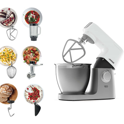 KENWOOD Stand Mixer Kitchen Machine Metal Body CHEF XL SENSE 1400W with 6.7L Stainless Steel Bowl, K-Beater, Whisk, Dough Hook, Folding Tool, Meat Grinder, Food Processor KVL6140T Silver/White