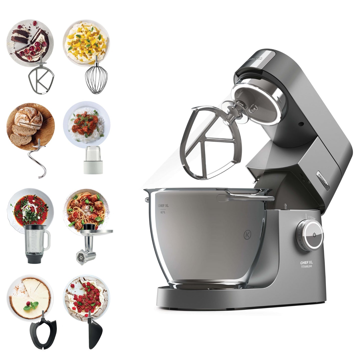 KENWOOD Stand Mixer Kitchen Machine Metal Body CHEF XL TITANIUM 1700W with 6.7L SS Bowl, 5 Tool Attachments, Glass Blender, Meat Grinder, Multi Mill KVL8430S Silver
