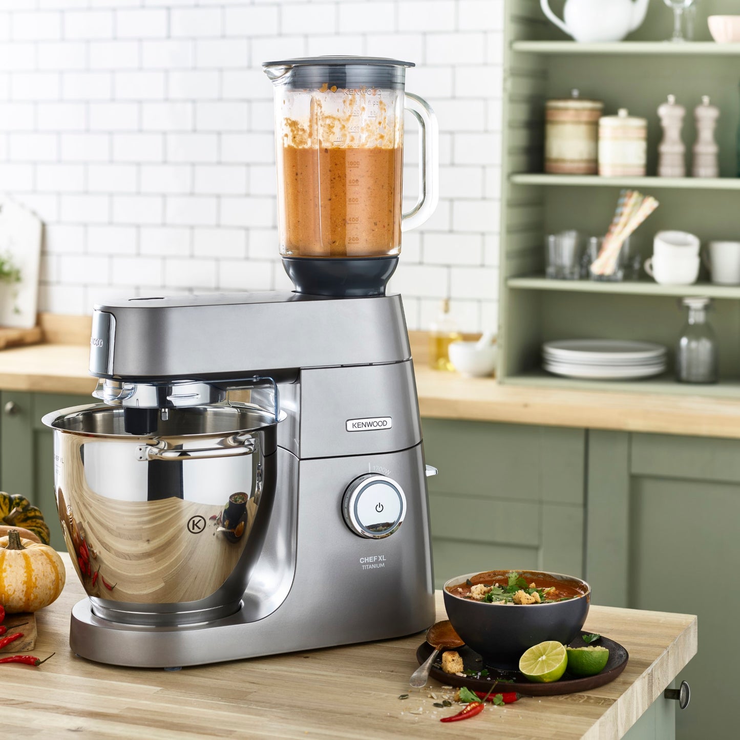 KENWOOD Stand Mixer Kitchen Machine Metal Body CHEF XL TITANIUM 1700W with 6.7L SS Bowl, 5 Tools, Glass Blender, Meat Grinder, Food Processor, Citrus Juicer, Multi Mill, Weighing Scale KVL8472S Silver
