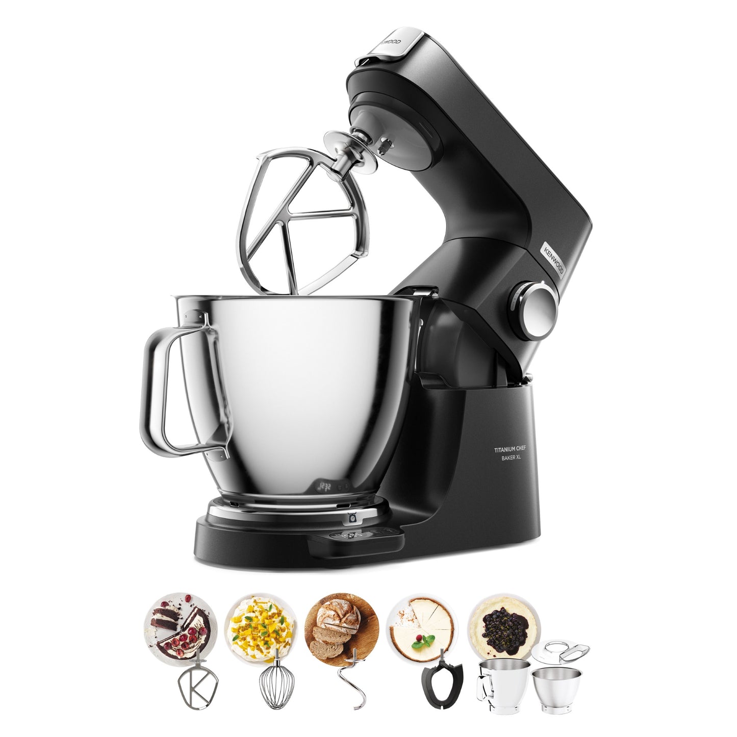 KENWOOD Stand Mixer Metal Body Kitchen Machine TITANIUM CHEF BAKER XL with Built-in Weighing Scale, DuoBowl (7L + 5L SS Bowl), K-Beater, Whisk, Dough Hook, Creaming Beater KVL85.004BK Black