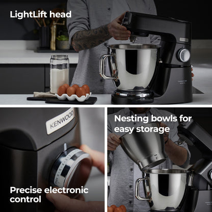 KENWOOD Stand Mixer Metal Body Kitchen Machine TITANIUM CHEF BAKER XL with Built-in Weighing Scale, DuoBowl (7L + 5L SS Bowl), K-Beater, Whisk, Dough Hook, Creaming Beater KVL85.004BK Black