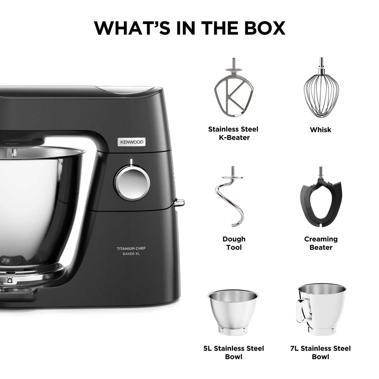 KENWOOD Stand Mixer Metal Body Kitchen Machine TITANIUM CHEF BAKER XL with Built-in Weighing Scale, DuoBowl (7L + 5L SS Bowl), K-Beater, Whisk, Dough Hook, Creaming Beater KVL85.004BK Black