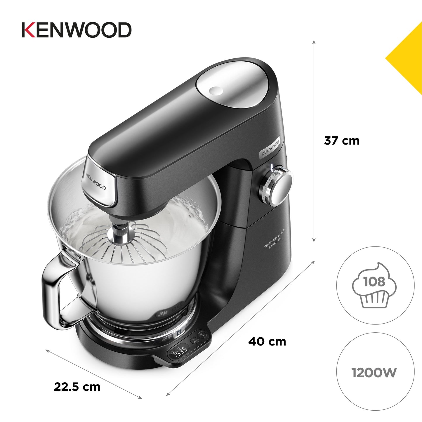 KENWOOD Stand Mixer Metal Body Kitchen Machine TITANIUM CHEF BAKER XL with Built-in Weighing Scale, DuoBowl (7L + 5L SS Bowl), K-Beater, Whisk, Dough Hook, Creaming Beater KVL85.004BK Black