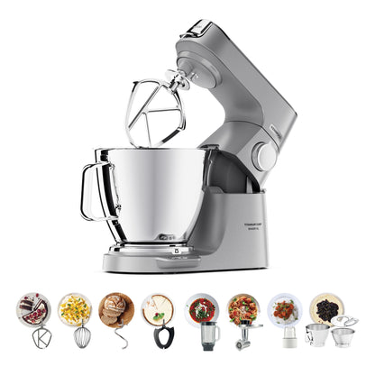 KENWOOD Stand Mixer Metal Body Kitchen Machine TITANIUM CHEF BAKER XL with Built-in Weighing Scale, DuoBowl, 4 Tools, Glass Blender, Meat Grinder, Multi Mill KVL85.344SI Silver