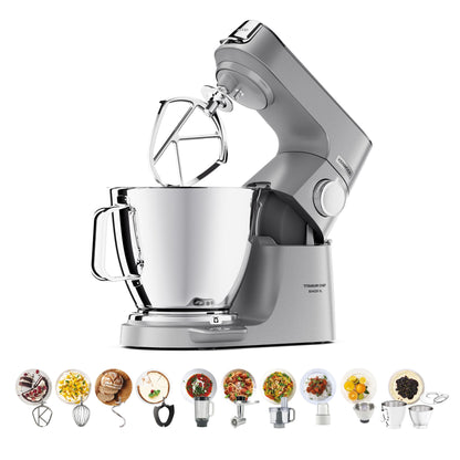 KENWOOD Metal Body Kitchen Machine TITANIUM CHEF BAKER XL with Built-in Weighing Scale, DuoBowl, 4 Tools, Glass Blender, Meat Grinder, Food Processor, Citrus Juicer, Multi Mill KVL85.704SI Silver