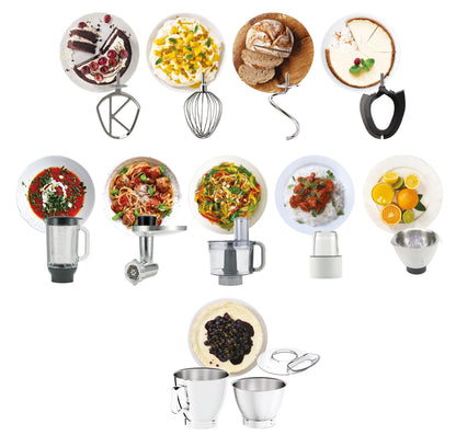 KENWOOD Metal Body Kitchen Machine TITANIUM CHEF BAKER XL with Built-in Weighing Scale, DuoBowl, 4 Tools, Glass Blender, Meat Grinder, Food Processor, Citrus Juicer, Multi Mill KVL85.704SI Silver