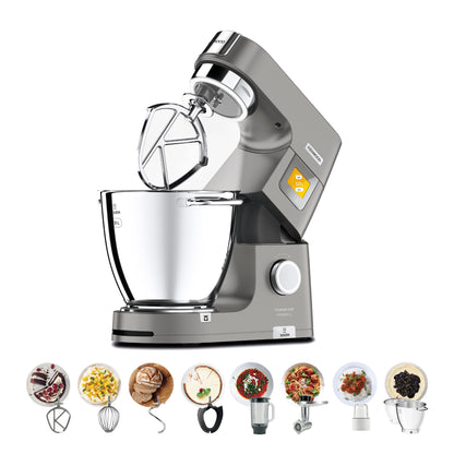 KENWOOD Stand Mixer Metal Body Kitchen Machine TITANIUM CHEF PATISSIER XL with Warming Function, Built-in Weighing Scale, DuoBowl, 4 Tools, Glass Blender, Meat Grinder, Multi Mill KWL90.344SI Silver