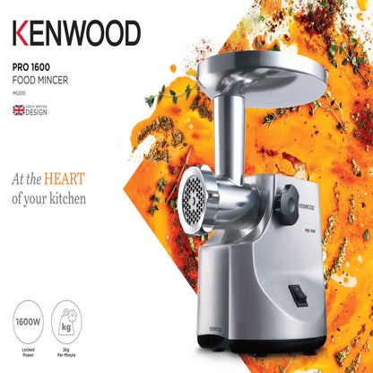 KENWOOD Meat Grinder 1600W Powerful Metal Body Meat Mincer with Kibbeh Maker, Sausage Maker, Feed Tube Pusher, 3 Stainless Steel Screens for Fine, Medium & Coarse Results MG510 Silver