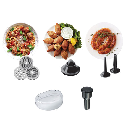 KENWOOD Meat Grinder 1600W Powerful Metal Body Meat Mincer with Kibbeh Maker, Sausage Maker, Feed Tube Pusher, 3 Stainless Steel Screens for Fine, Medium & Coarse Results MG510 Silver