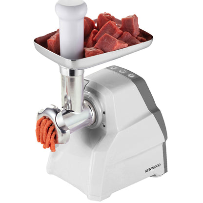 KENWOOD Meat Grinder 2100W Meat Mincer with Kibbeh Maker, Sausage Maker, Biscuit Attachment, Feed Tube Pusher, 3 Stainless Steel Screens for Fine, Medium & Coarse Results MGP40.000WH White