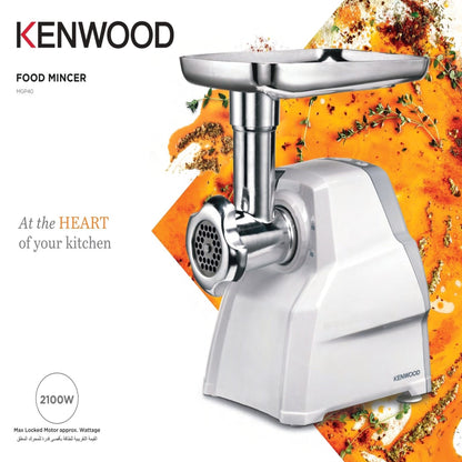 KENWOOD Meat Grinder 2100W Meat Mincer with Kibbeh Maker, Sausage Maker, Biscuit Attachment, Feed Tube Pusher, 3 Stainless Steel Screens for Fine, Medium & Coarse Results MGP40.000WH White