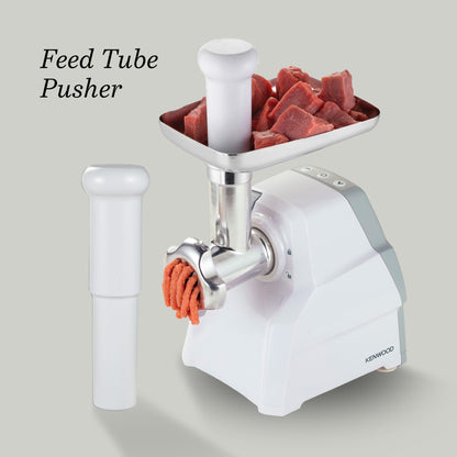 KENWOOD Meat Grinder 2100W Meat Mincer with Kibbeh Maker, Sausage Maker, Biscuit Attachment, Feed Tube Pusher, 3 Stainless Steel Screens for Fine, Medium & Coarse Results MGP40.000WH White