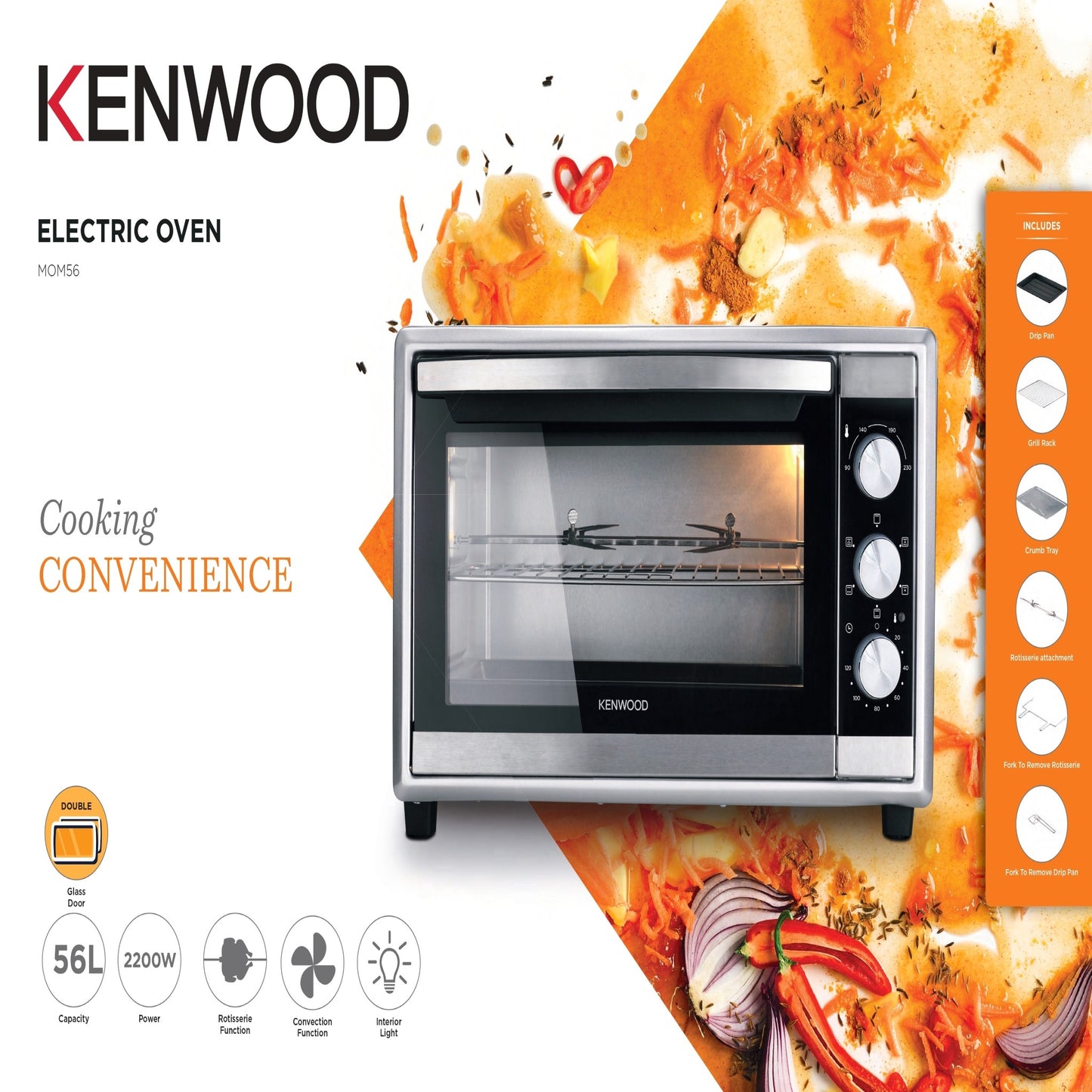 Kenwood 56L Toaster Oven Oven Toaster Grill Large Capacity Double Glass Door Multifunctional With Rotisserie And Convection Function For Grilling, Silver, Stainless Steal, MOM56.000SS