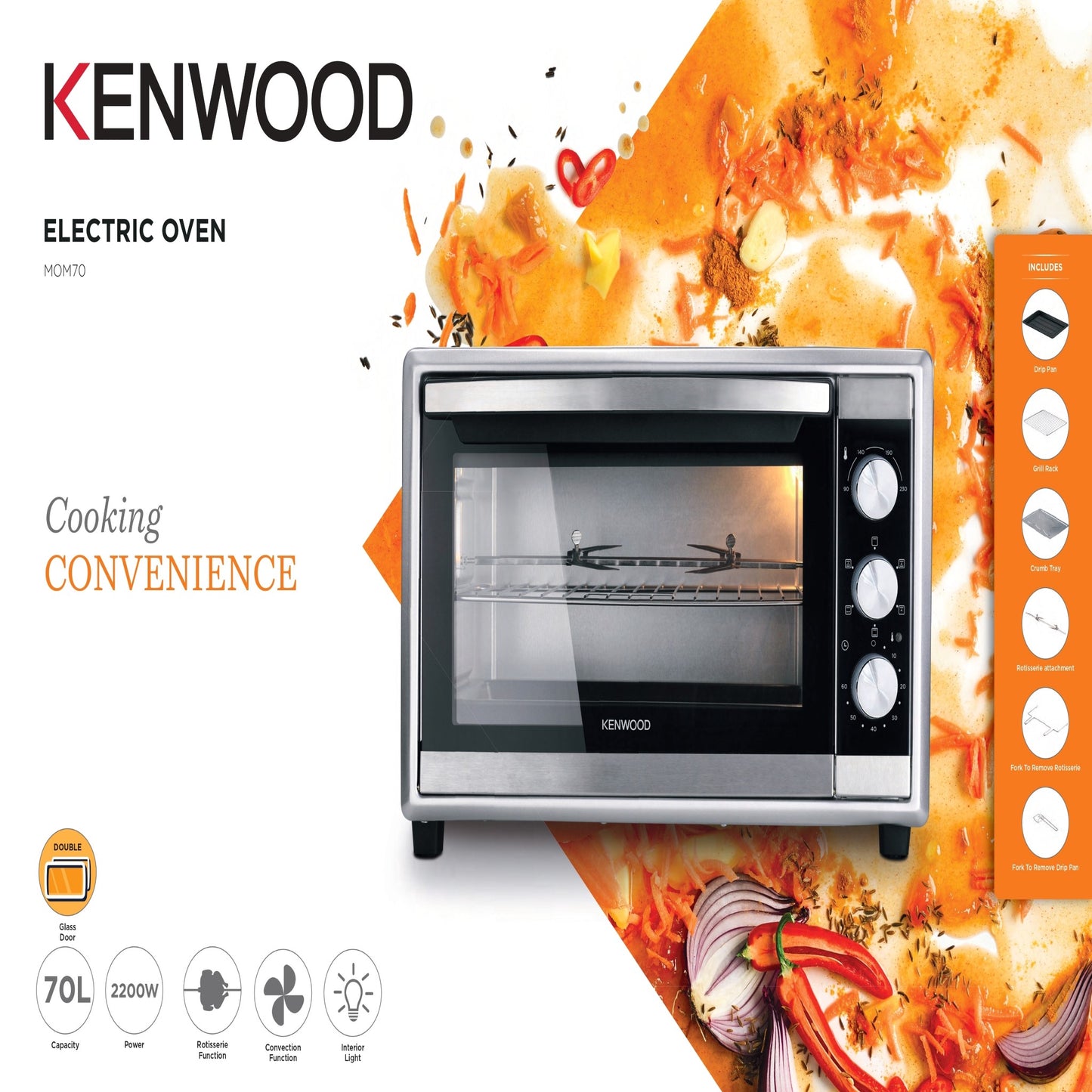 KENWOOD 70L Toaster Oven - Oven Toaster Grill Large Capacity Double Glass Door Multifunctional with Rotisserie and Convection Function for Grilling, Toasting, Broiling, Baking, Defrosting MOM70 Silver