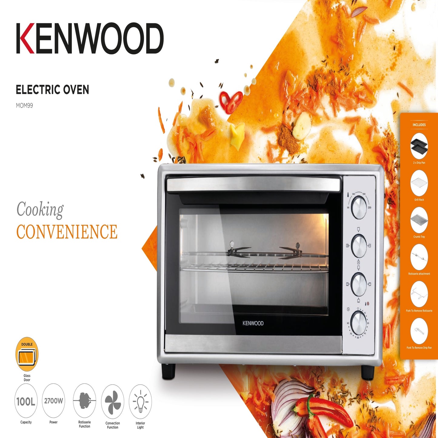 KENWOOD 100L Toaster Oven - Oven Toaster Grill Large Capacity Double Glass Door Multifunctional with Rotisserie and Convection Function for Grilling, Toasting, Broiling, Baking,Defrosting MOM99 Silver