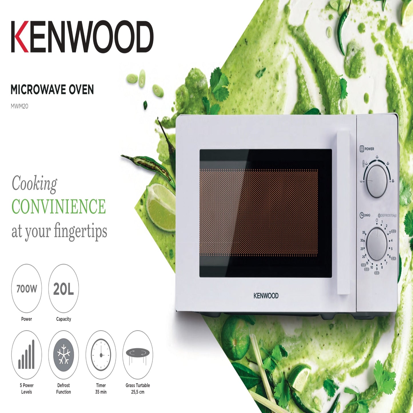 KENWOOD 20L Microwave Oven with 5 Power Levels, Defrost Function, 35 Minutes Timer 700W MWM20 Black and White
