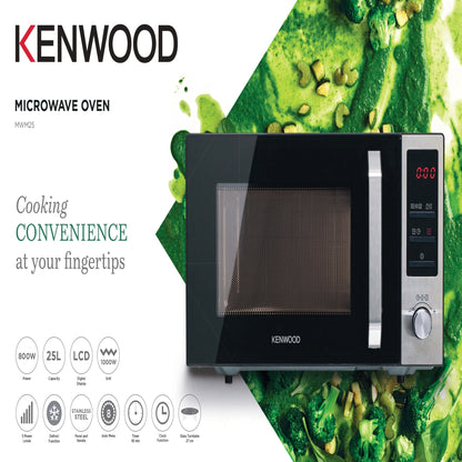 KENWOOD 25L Microwave Oven with Grill, Digital Display, 5 Power Levels, Defrost Function, Stainless Steel, Auto Menu, 95 Minutes Timer, Clock Function 800W MWM25.000BK Black/Silver