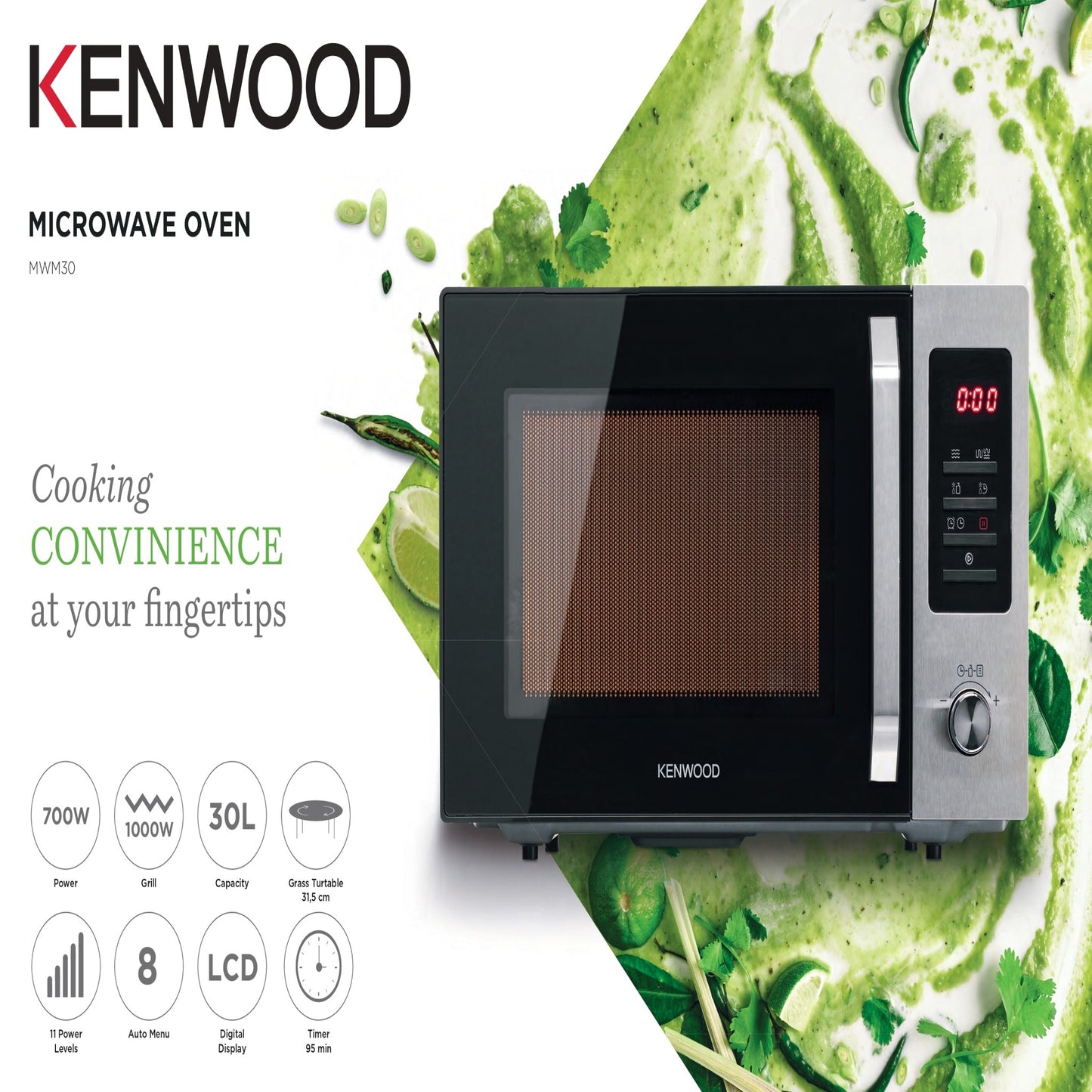 KENWOOD 30L Microwave Oven with Grill, Digital Display, 5 Power Levels, Defrost Function, Stainless Steel, Auto Menu, 95 Minutes Timer, Clock Function 1000W MWM30.000BK Black/Silver