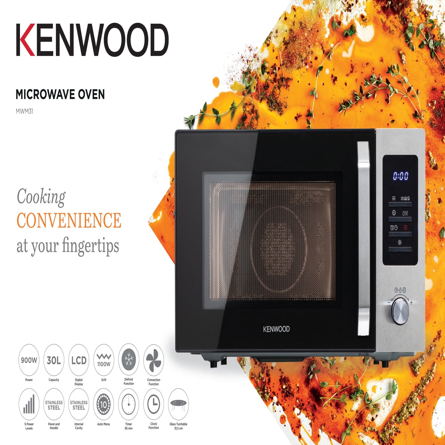 KENWOOD 30L Microwave Oven with Grill, Convection, Digital Display, 5 Power Levels, Defrost Function, Stainless Steel, Auto Menu, 95 Minutes Timer, Clock Function 900W MWM31.000BK Black/Silver