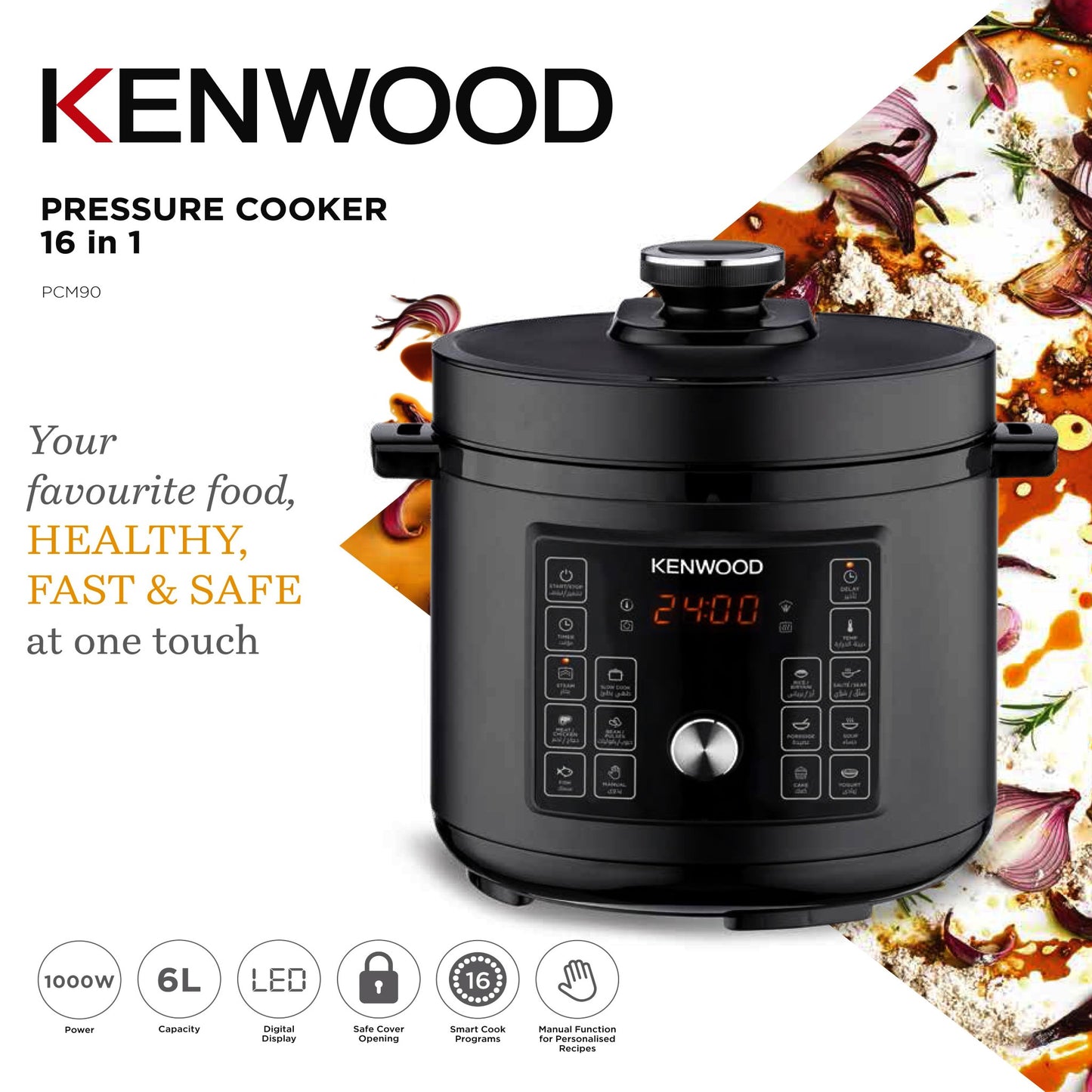 KENWOOD Electric Pressure Cooker 6L Smart Steam Pot 16-in-1 Multifunctional Programmable Multicooker, Steamer, Rice Cooker, Slow Cooker, Saute Pot, Soup, Yogurt, Cake & More PCM90.000BK Black