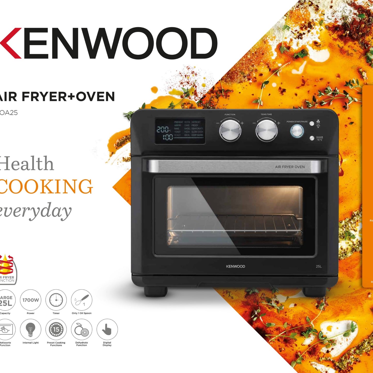Kenwood 2-in-1 25L Toaster Oven+Air Fryer - Oven Toaster Grill with Large Capacity, Rotisserie Function for Frying, Roasting, Grilling, Broiling, Baking, Browning, Defrosting, Heating MOA25.600BK Black
