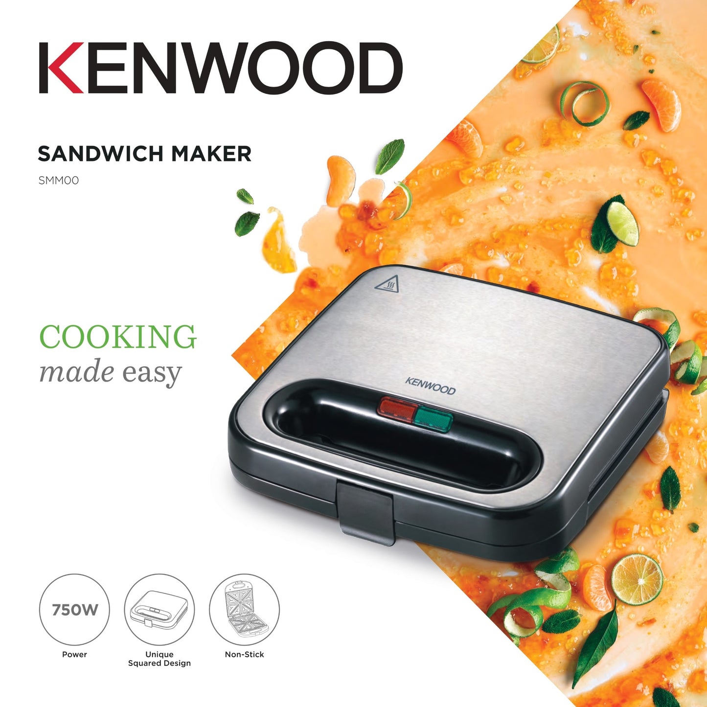 KENWOOD Sandwich Maker with Non Stick Fixed Griddle Plates for Toasties, Grills, Sandwiches SMM00.000SI Black/Silver
