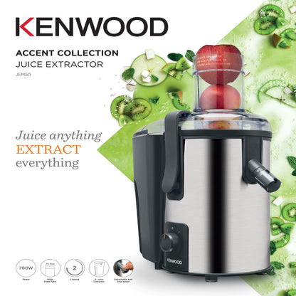 Kenwood Juicer 700W Stainless Steel Juice Extractor with 75mm Wide Feed Tube, 2 Speed, Transparent Juice Jug, Pulp Container, Anti Drip for Home, Office, Restaurant &Cafeteria JEM50.000BS Silver/Black