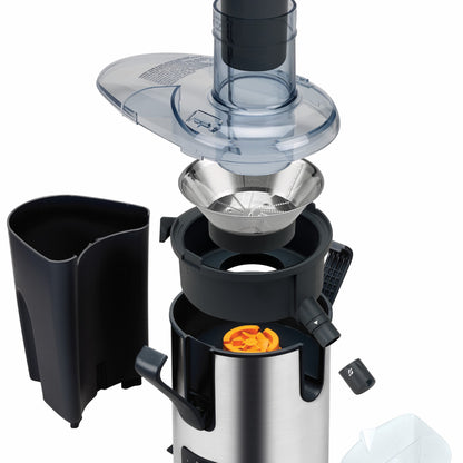 Kenwood Juicer 700W Stainless Steel Juice Extractor with 75mm Wide Feed Tube, 2 Speed, Transparent Juice Jug, Pulp Container, Anti Drip for Home, Office, Restaurant &Cafeteria JEM50.000BS Silver/Black