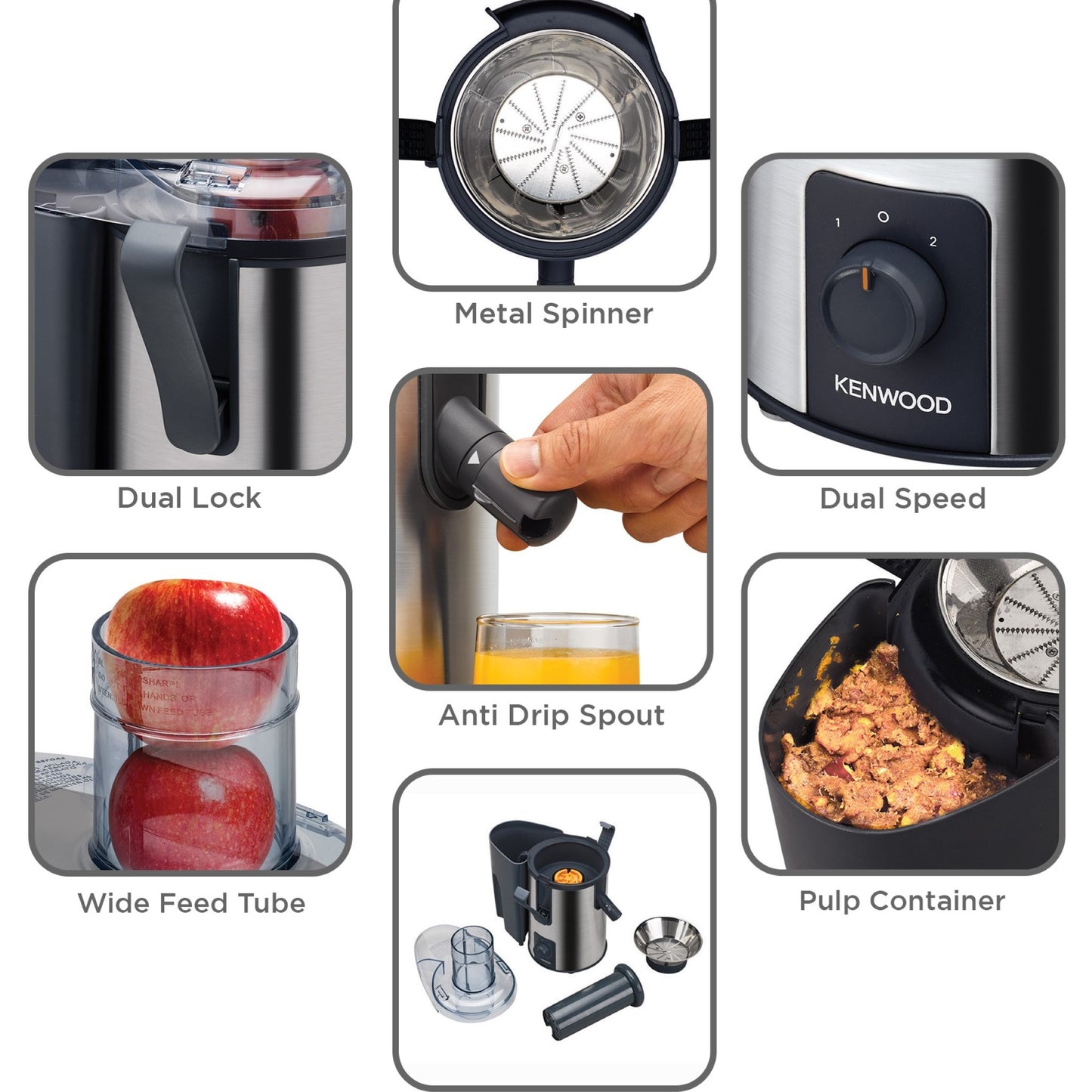 Kenwood Juicer 700W Stainless Steel Juice Extractor with 75mm Wide Feed Tube, 2 Speed, Transparent Juice Jug, Pulp Container, Anti Drip for Home, Office, Restaurant &Cafeteria JEM50.000BS Silver/Black