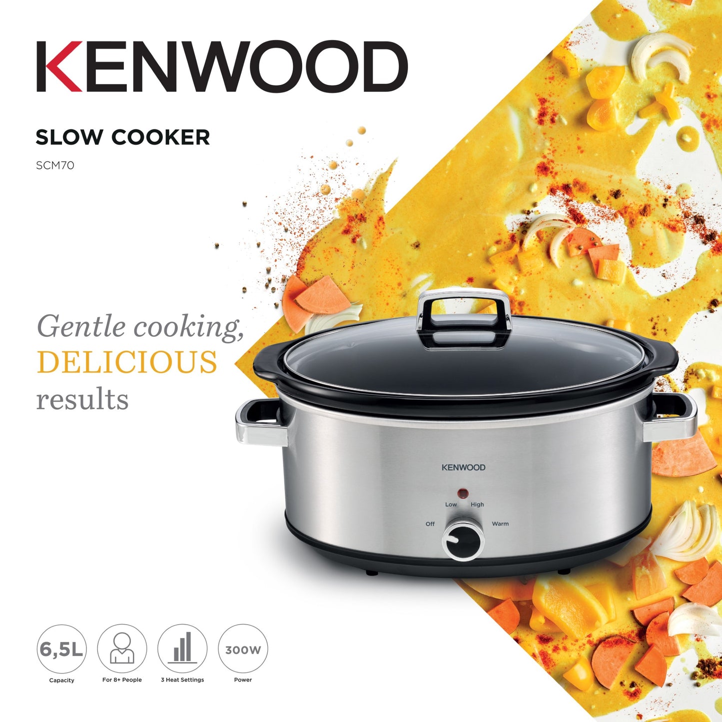 KENWOOD Slow Cooker 6.5L Slow Rice Cooker with 3 Heat Settings (Low, High & Warm), Preserves Flavour, Herbs & Spices are Absorbed Well, Meat Becomes Extremely Tender SCM70.000SS Silver