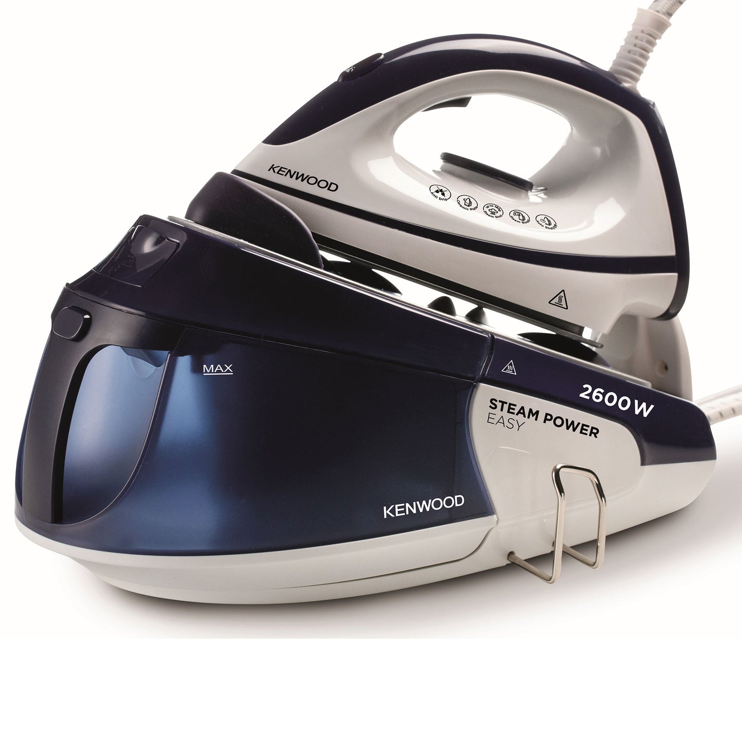 KENWOOD Steam Iron Steam Station 2600W with 1.8L Water Tank Capacity, Ceramic Soleplate, 180g Steam Shot, Anti Drip, Auto Shut Off, Self Clean Function SSP20.000WB White/Blue