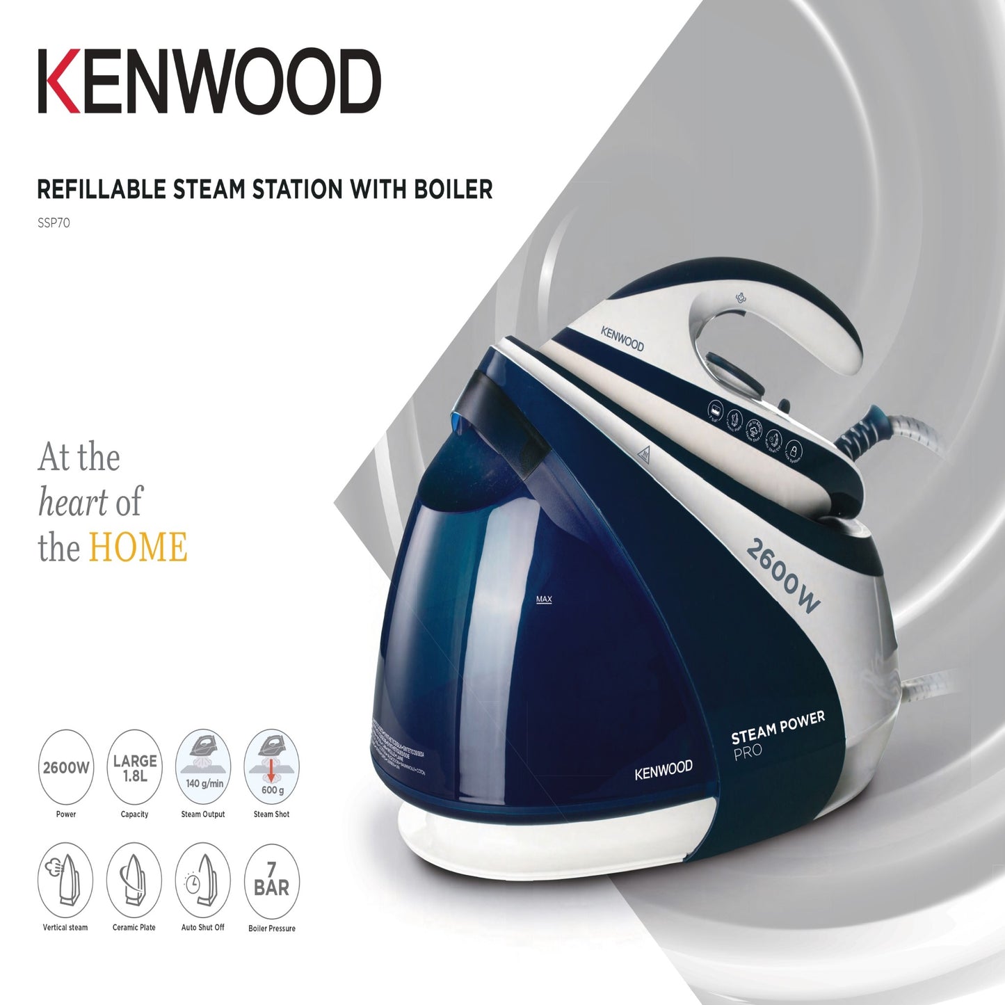 Kenwood Steam Iron Steam Station 2600W With 1.8L Water Tank Capacity, Ceramic Soleplate, 7 Bar Boiler Pressure, 600G Steam Shot, Anti Drip, Auto Shut Off, Self Clean SSP70.000WB White/Blue