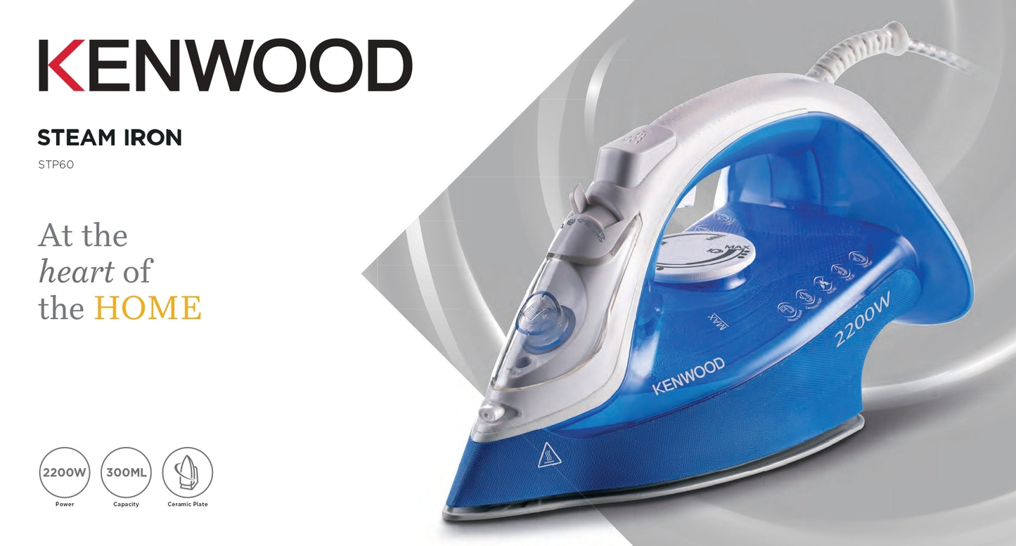 Kenwood Steam Iron 2200W with Ceramic Soleplate, Anti-Drip, Anti-Calc, Self Clean, Continuous Steam, Burst, Spray Function STP60.000WB White/Blue