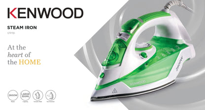 KENWOOD Steam Iron 2600W with Ceramic Soleplate, Anti-Drip, Anti-Calc, Self Clean, Continuous Steam, Burst, Spray Function STP70.000WG White/Green