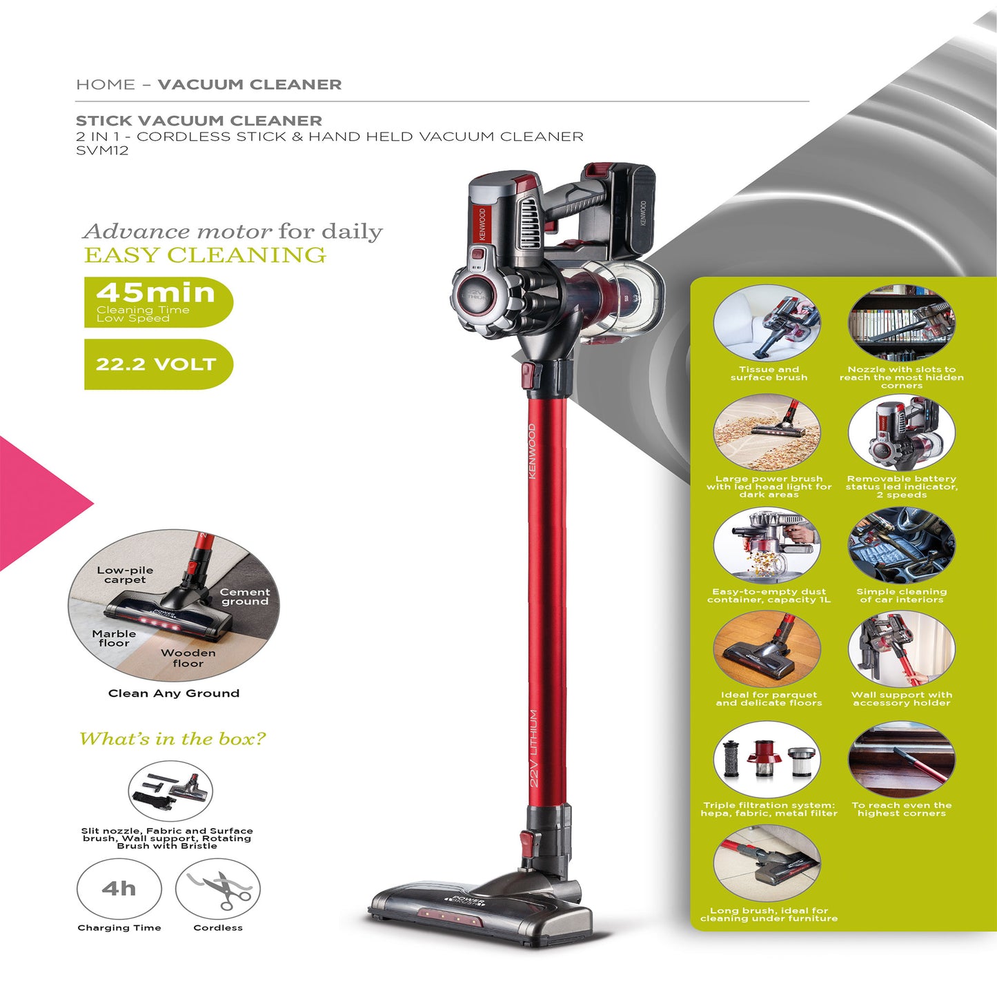 KENWOOD Cordless Vacuum Cleaner 2-in-1 Upright Stick Vacuum Cleaner + Handheld Vacuum Cleaner with 22.2V Li-ion Battery, 160W Suction Power, 45 Minutes Run Time for Multi Surface SVM12.000RD Red